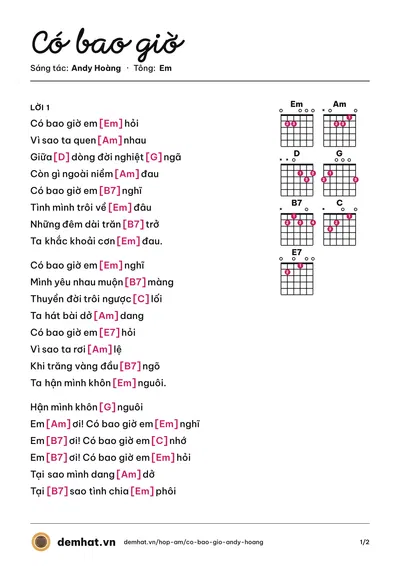 Hợp âm Có bao giờ (Tiến Thành) – bản nhạc PDF trang 1, tông Em