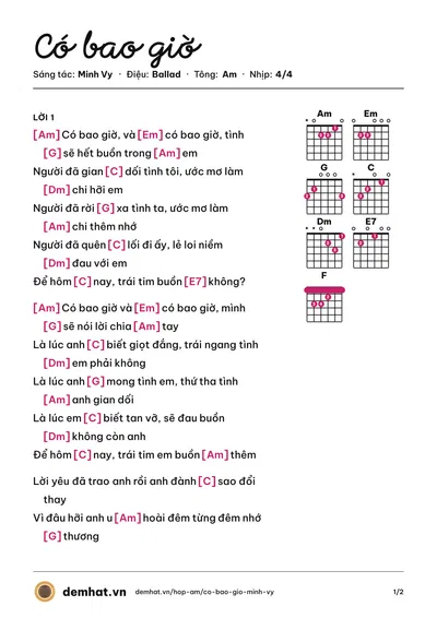 Hợp âm Có bao giờ (Cẩm Ly) – bản nhạc PDF trang 1, tông Am
