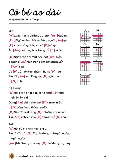 Hợp âm Cô bé áo dài (Chí Tài) – bản nhạc PDF trang 1, tông G