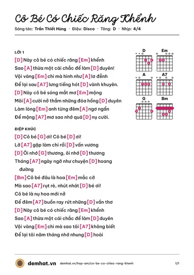 Hợp âm Cô Bé Có Chiếc Răng Khểnh (Duy Quang) – bản nhạc PDF trang 1, tông D