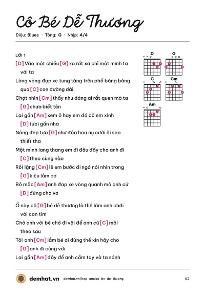 Hợp âm Cô Bé Dễ Thương (Minh Quân) – bản nhạc PDF trang 1, tông G