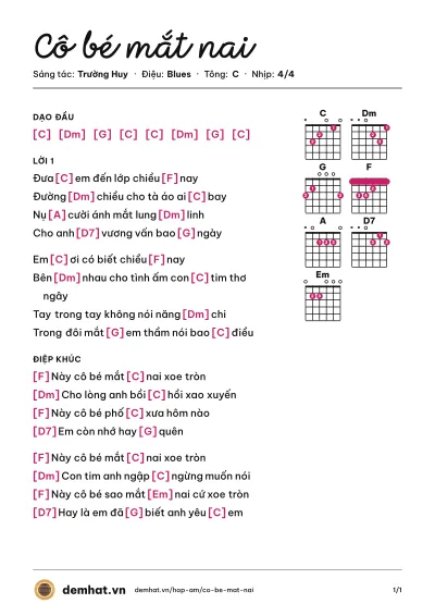 Hợp âm Cô bé mắt nai (Lam Trường) – bản nhạc PDF trang 1, tông C