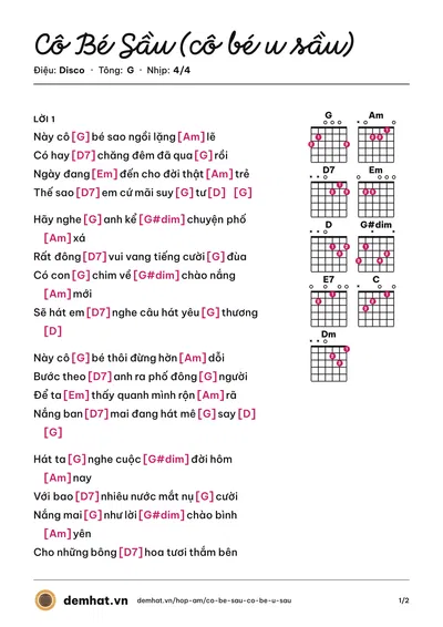 Hợp âm Cô Bé Sầu (cô bé u sầu) (Quốc Thiên) – bản nhạc PDF trang 1, tông G