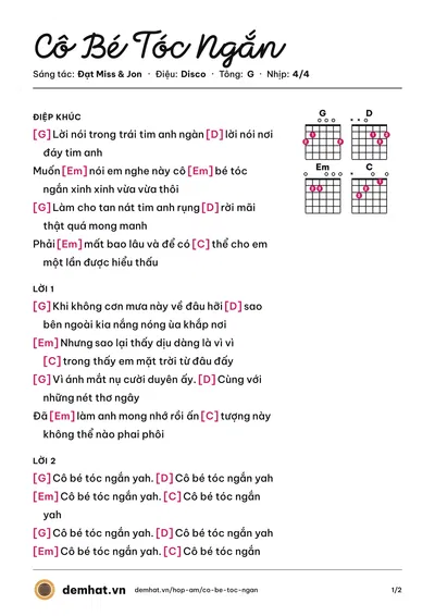 Hợp âm Cô Bé Tóc Ngắn (Jon) – bản nhạc PDF trang 1, tông G