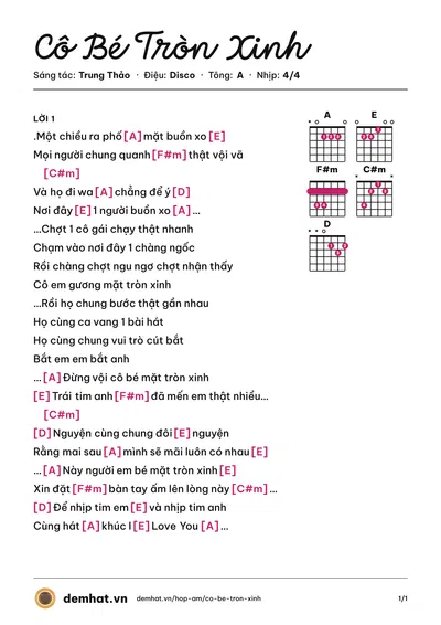 Hợp âm Cô Bé Tròn Xinh (Lý Hải) – bản nhạc PDF trang 1, tông A