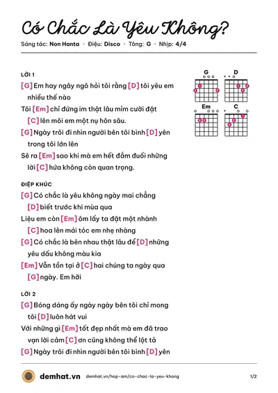Hợp âm Có Chắc Là Yêu Không? (Non Hanta) – bản nhạc PDF trang 1, tông G