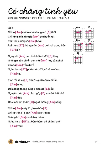 Hợp âm Có chăng tình yêu (Nguyễn Hào Kiệt) – bản nhạc PDF trang 1, tông Am