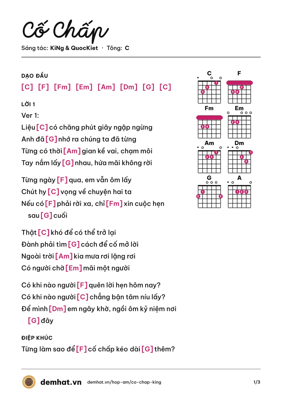 Hợp âm Cố Chấp (KiNg) – bản nhạc PDF trang 1, tông C