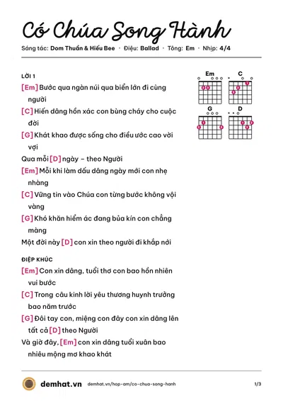 Hợp âm Có Chúa Song Hành (THÁNH CA ACOUSTIC) – bản nhạc PDF trang 1, tông Em