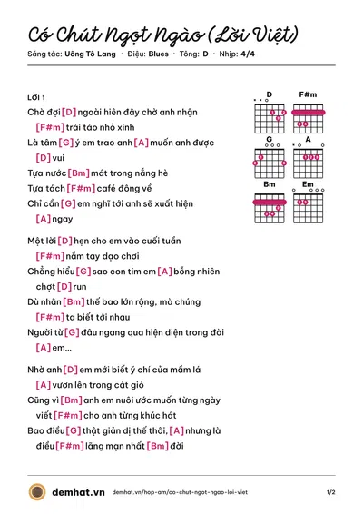Hợp âm Có Chút Ngọt Ngào (Lời Việt) (Uông Tô Lang) – bản nhạc PDF trang 1, tông D