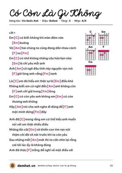 Hợp âm Có Còn Là Gì Không (Vin Quốc Anh) – bản nhạc PDF trang 1, tông C