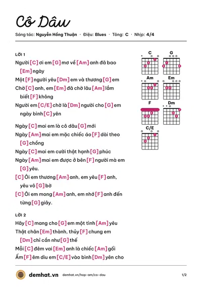 Hợp âm Cô Dâu (Ái Phương) – bản nhạc PDF trang 1, tông C