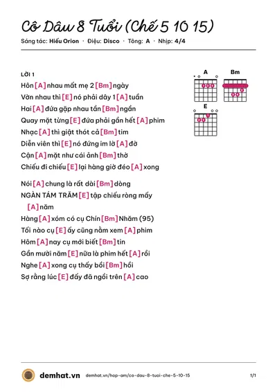 Hợp âm Cô Dâu 8 Tuổi (Chế 5 10 15) (VBK) – bản nhạc PDF trang 1, tông A