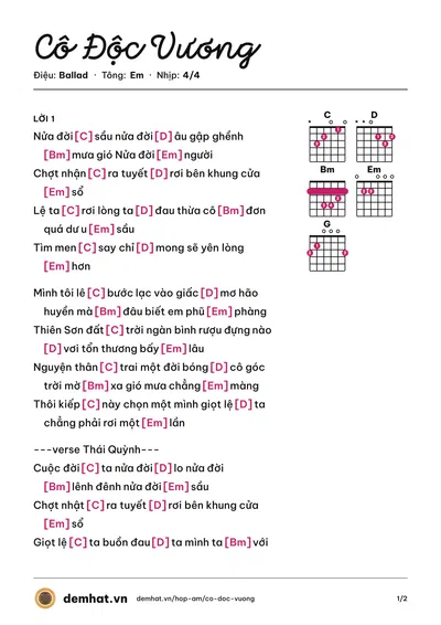Hợp âm Cô Độc Vương (Thiên Tú) – bản nhạc PDF trang 1, tông Em