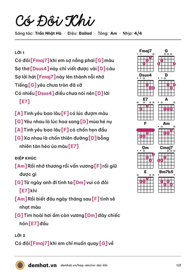 Hợp âm Có Đôi Khi (Uyên Linh) – bản nhạc PDF trang 1, tông Am