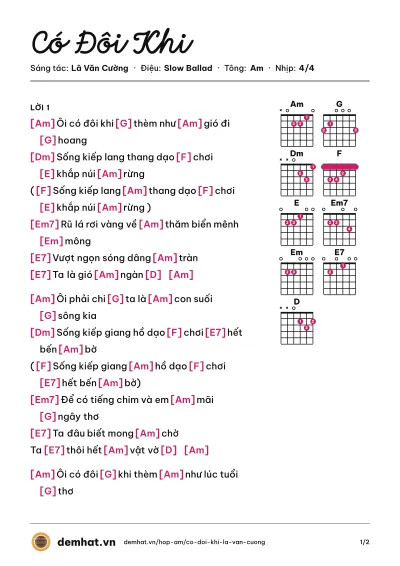 Hợp âm Có Đôi Khi (Hồng Nhung) – bản nhạc PDF trang 1, tông Am