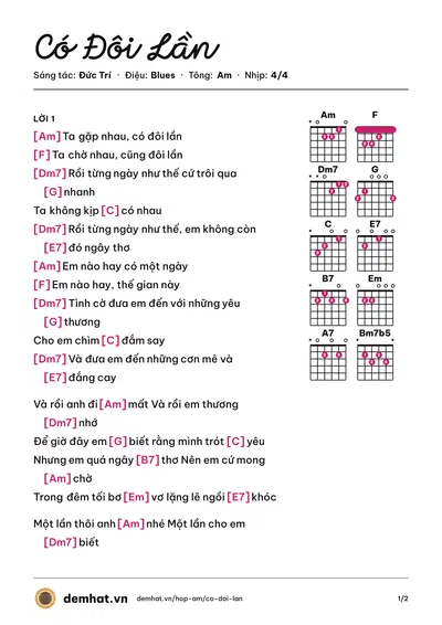 Hợp âm Có Đôi Lần (Phương Vy) – bản nhạc PDF trang 1, tông Am