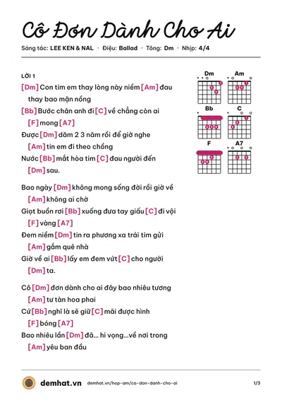 Hợp âm Cô Đơn Dành Cho Ai (LEE KEN) – bản nhạc PDF trang 1, tông Dm