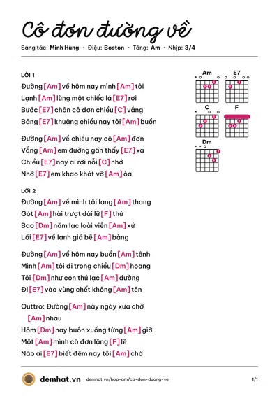 Hợp âm Cô đơn đường về (Minh Trường) – bản nhạc PDF trang 1, tông Am