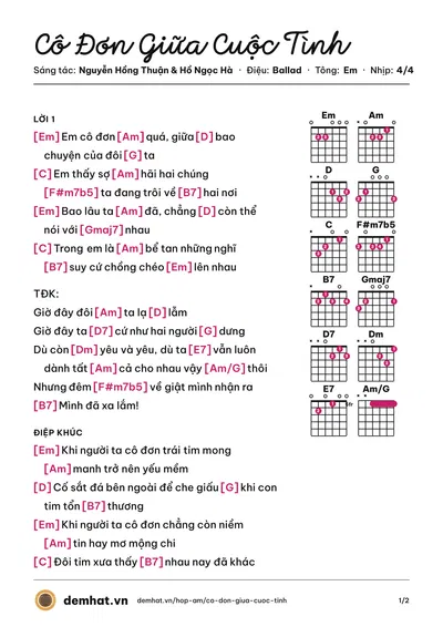 Hợp âm Cô Đơn Giữa Cuộc Tình (Hồ Ngọc Hà) – bản nhạc PDF trang 1, tông Em