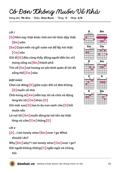 Hợp âm Cô Đơn Không Muốn Về Nhà (Mr.Siro) – bản nhạc PDF trang 1, tông G