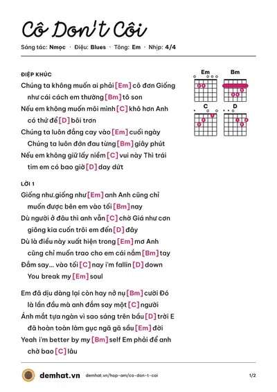 Hợp âm Cô Don't Côi (Nmọc) – bản nhạc PDF trang 1, tông Em
