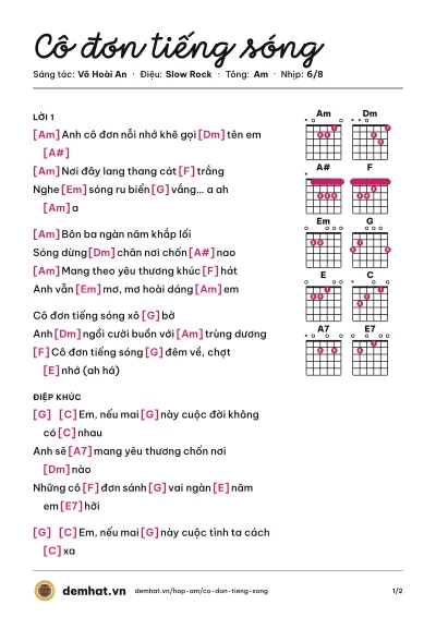 Hợp âm Cô đơn tiếng sóng (Đàm Vĩnh Hưng) – bản nhạc PDF trang 1, tông Am