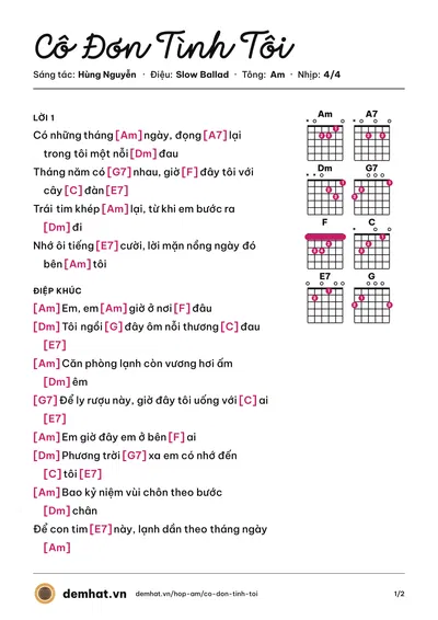 Hợp âm Cô Đơn Tình Tôi (Vũ Nguyễn) – bản nhạc PDF trang 1, tông Am