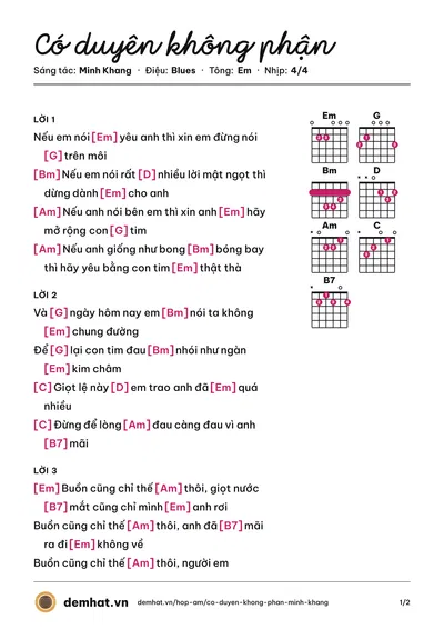 Hợp âm Có duyên không phận (Gia Linh) – bản nhạc PDF trang 1, tông Em
