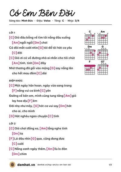 Hợp âm Có Em Bên Đời (Cadillac) – bản nhạc PDF trang 1, tông C