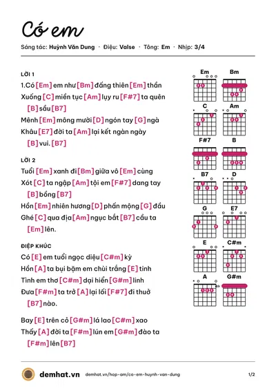 Hợp âm Có em (Huỳnh Văn Dung) – bản nhạc PDF trang 1, tông Em