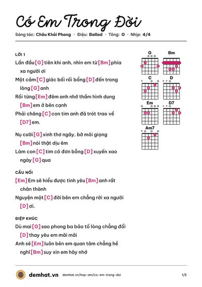 Hợp âm Có Em Trong Đời (Châu Khải Phong) – bản nhạc PDF trang 1, tông G