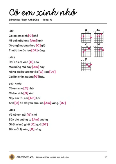 Hợp âm Cô em xinh nhỏ (Phạm Anh Dũng) – bản nhạc PDF trang 1, tông G