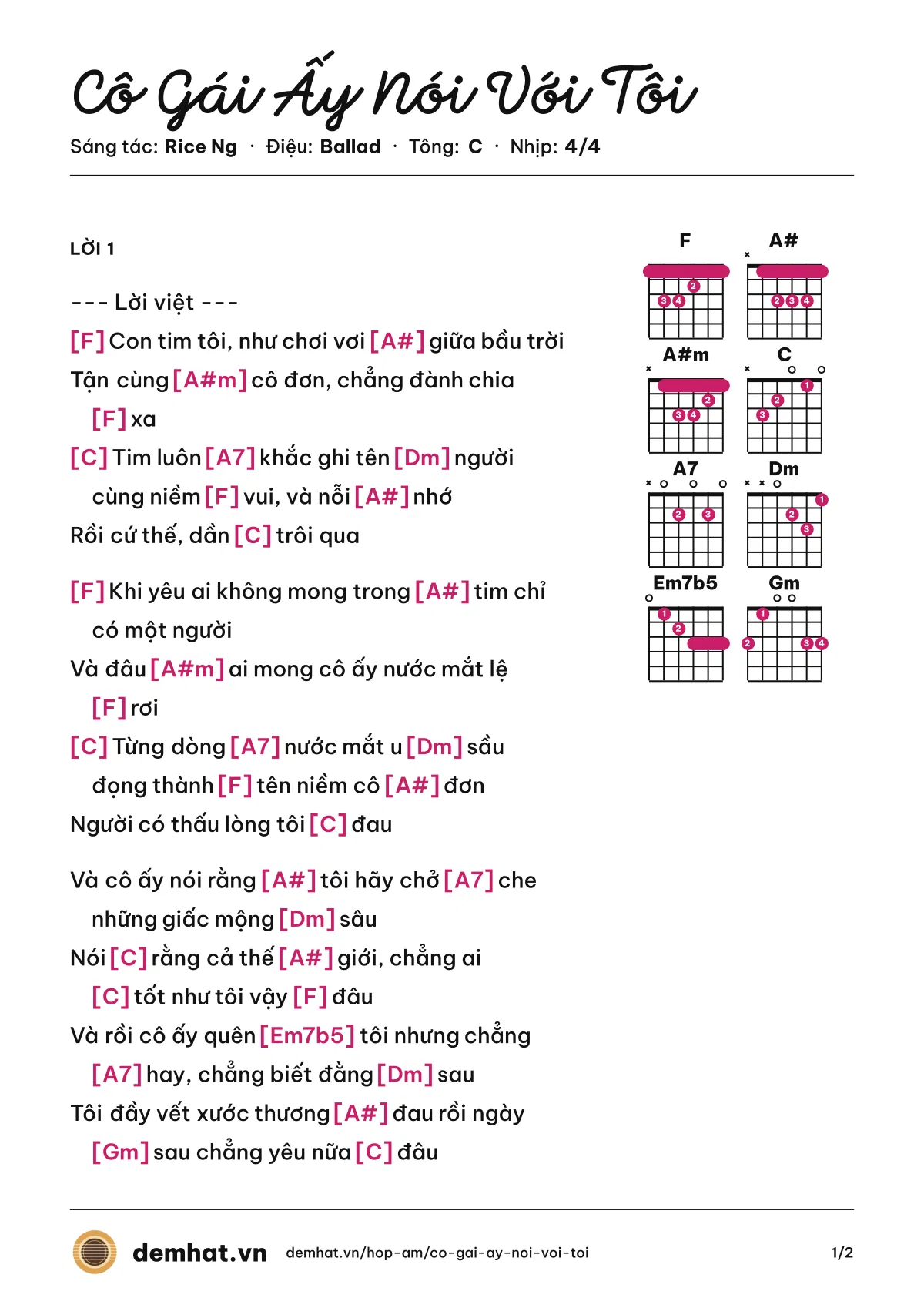 Hợp âm Cô Gái Ấy Nói Với Tôi (Rice Ng) – bản nhạc PDF trang 1, tông C