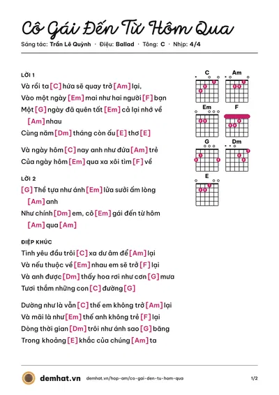 Hợp âm Cô Gái Đến Từ Hôm Qua (Mỹ Tâm) – bản nhạc PDF trang 1, tông C