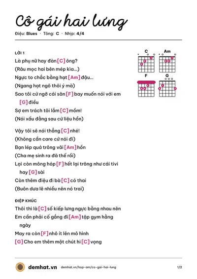Hợp âm Cô gái hai lưng (Quân Keyboard) – bản nhạc PDF trang 1, tông C