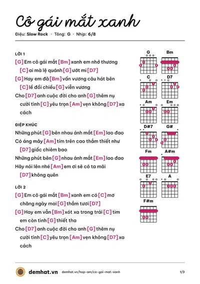 Hợp âm Cô gái mắt xanh – bản nhạc PDF trang 1, tông G