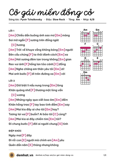 Hợp âm Cô gái miền đồng cỏ (Lê Dung) – bản nhạc PDF trang 1, tông Am