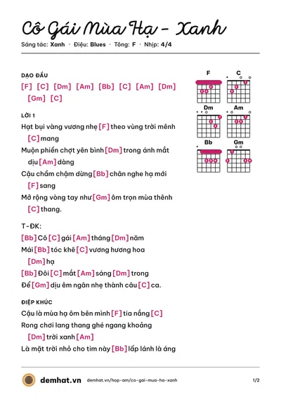 Hợp âm Cô Gái Mùa Hạ - Xanh (Xanh - AI) – bản nhạc PDF trang 1, tông F