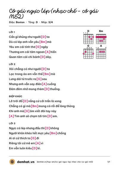 Hợp âm Cô gái ngực lép (nhạc chế - cô gái M52) (Antôn Đình Dũng) – bản nhạc PDF trang 1, tông D