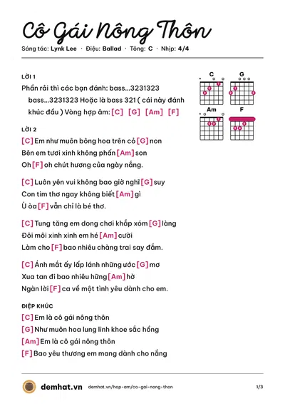 Hợp âm Cô Gái Nông Thôn (Lynk Lee) – bản nhạc PDF trang 1, tông C