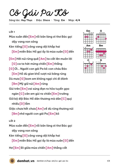 Hợp âm Cô Gái Pa Kô (Anh Thơ) – bản nhạc PDF trang 1, tông Em