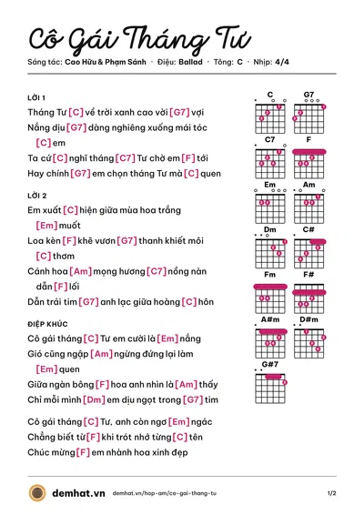 Hợp âm Cô Gái Tháng Tư (Cao Hữu) – bản nhạc PDF trang 1, tông C