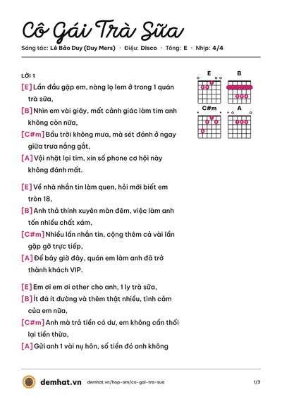 Hợp âm Cô Gái Trà Sữa (Lê Bảo Duy (Duy Mers)) – bản nhạc PDF trang 1, tông E