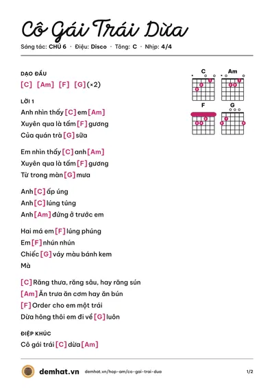 Hợp âm Cô Gái Trái Dừa (Lena) – bản nhạc PDF trang 1, tông C