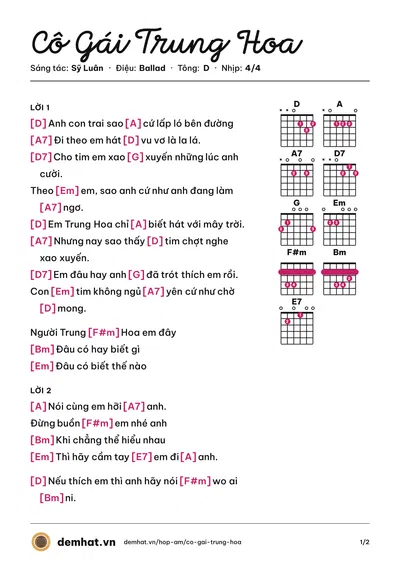 Hợp âm Cô Gái Trung Hoa (Lương Bích Hữu) – bản nhạc PDF trang 1, tông D