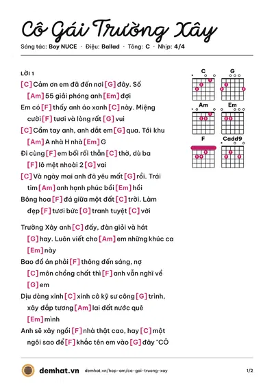 Hợp âm Cô Gái Trường Xây (Boy NUCE) – bản nhạc PDF trang 1, tông C
