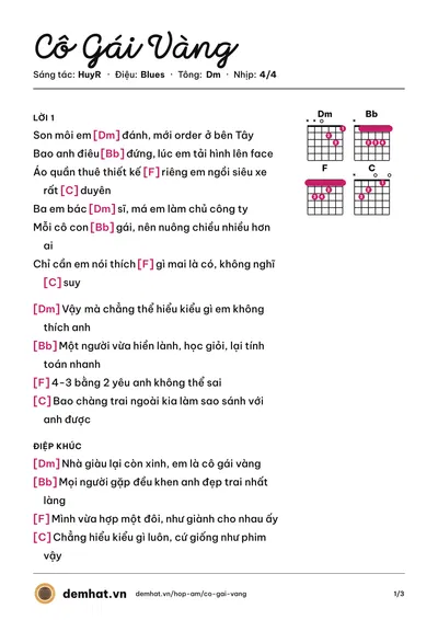 Hợp âm Cô Gái Vàng (HuyR) – bản nhạc PDF trang 1, tông Dm
