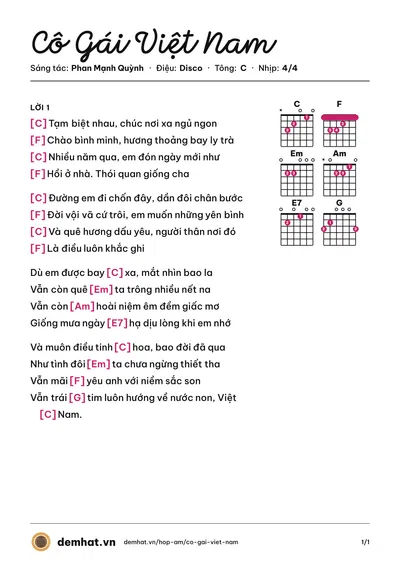 Hợp âm Cô Gái Việt Nam (Khả Ngân) – bản nhạc PDF trang 1, tông C