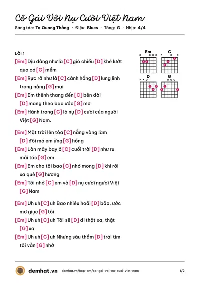 Hợp âm Cô Gái Với Nụ Cười Việt Nam (Tạ Quang Thắng) – bản nhạc PDF trang 1, tông G